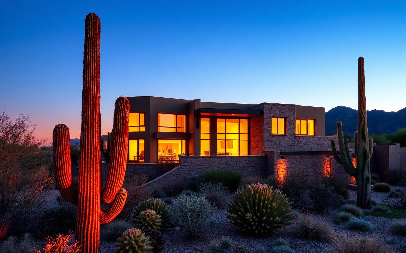 Modern desert home at sunset