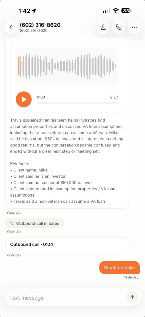 Voice call transcript and SMS thread