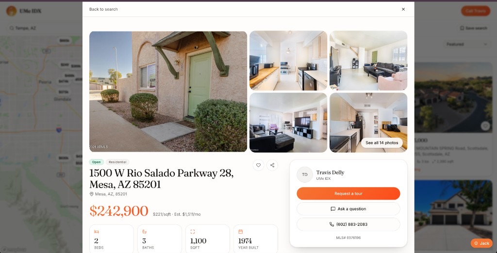 Branded listing detail with tour request and agent contact